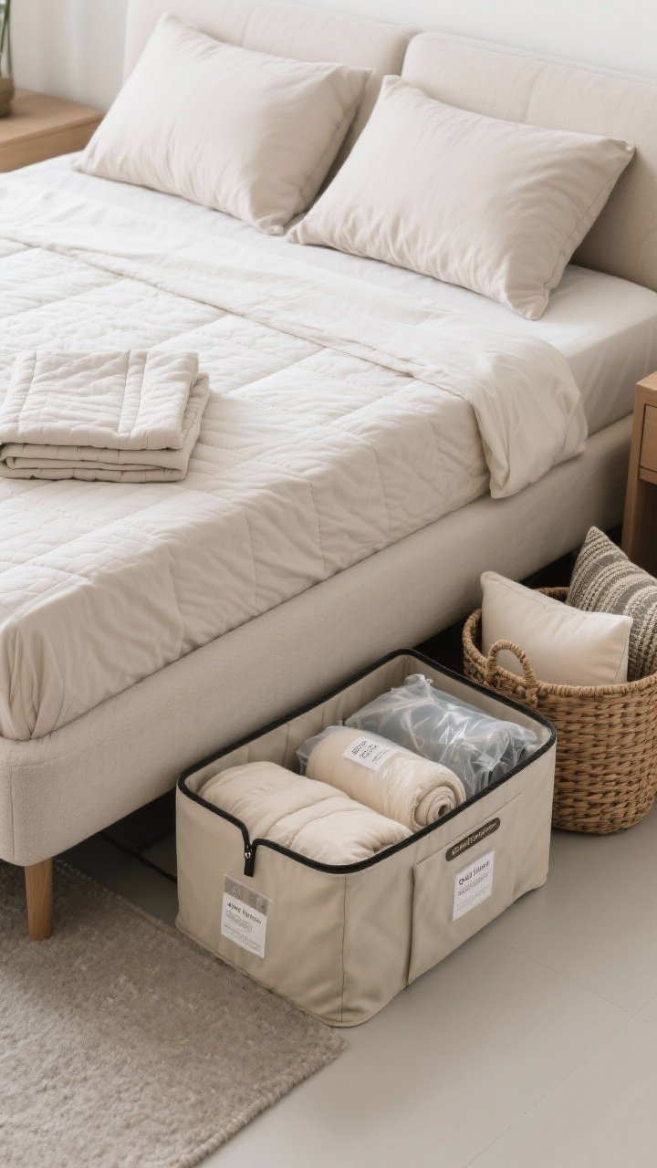 Overhead shot: A neatly arranged “guest linen capsule” on a clean bed: two fitted sheets sized for a sofa bed/air bed, one flat sheet in soft neutral tones, a lightweight washable quilt folded at the edge, and a pair of pillows—one firm, one soft—labeled. Beside the bed: zippered fabric under-bed bins partially pulled out holding a rolled mattress topper and spare pillows, vacuum bags of compressed blankets with clear labels, and a woven basket ready to corral decorative pillows at night. Bright, organized, photorealistic.