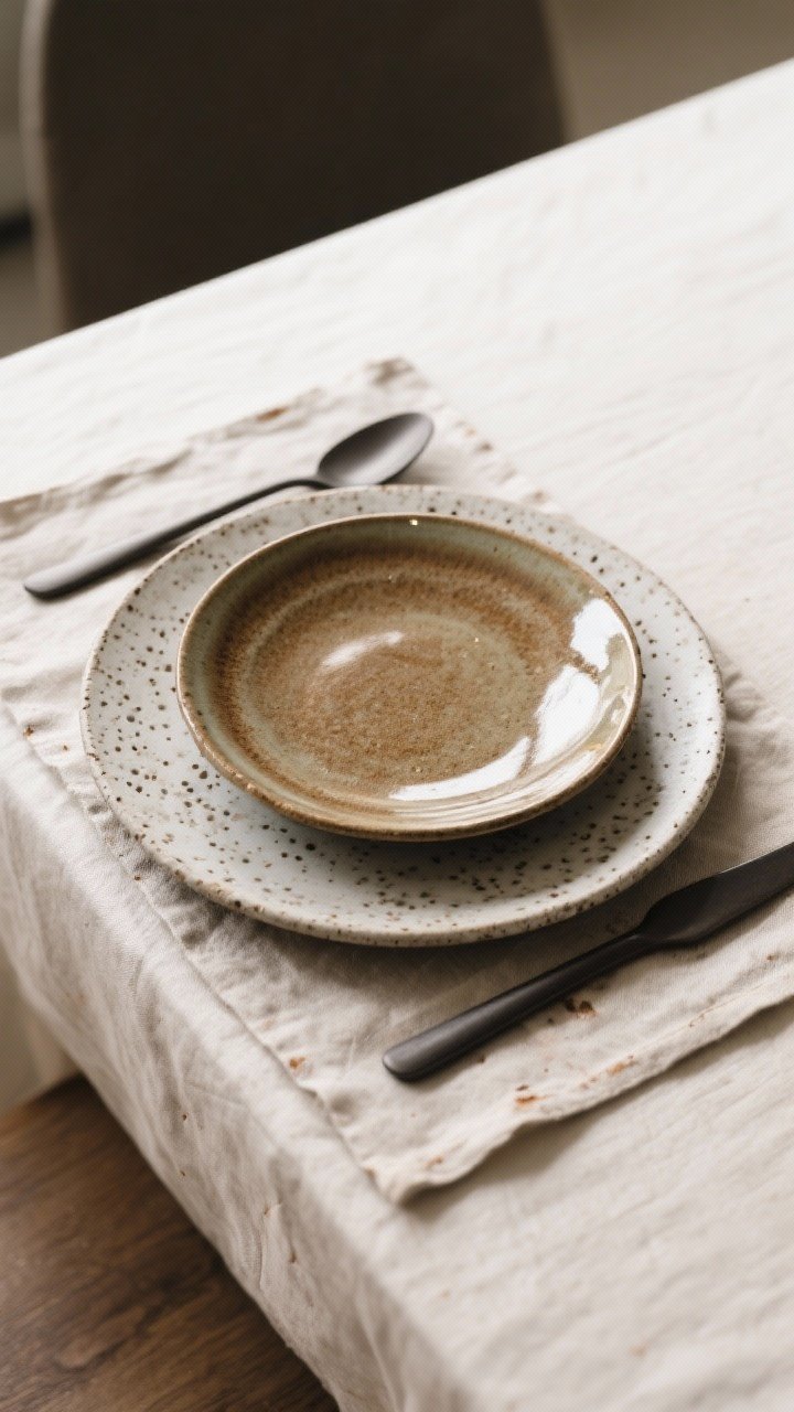 Overhead shot of layered stoneware and ceramic place setting: speckled stoneware dinner plate beneath a glossy ceramic salad plate, showcasing earthy glazes and matte vs. gloss contrast; dark matte flatware for drama; neutral linen placemat beneath; subtle kiln marks and clay texture visible; bright, diffuse natural light to emphasize surface finishes; minimalist, restaurant-at-home vibe, photorealistic.