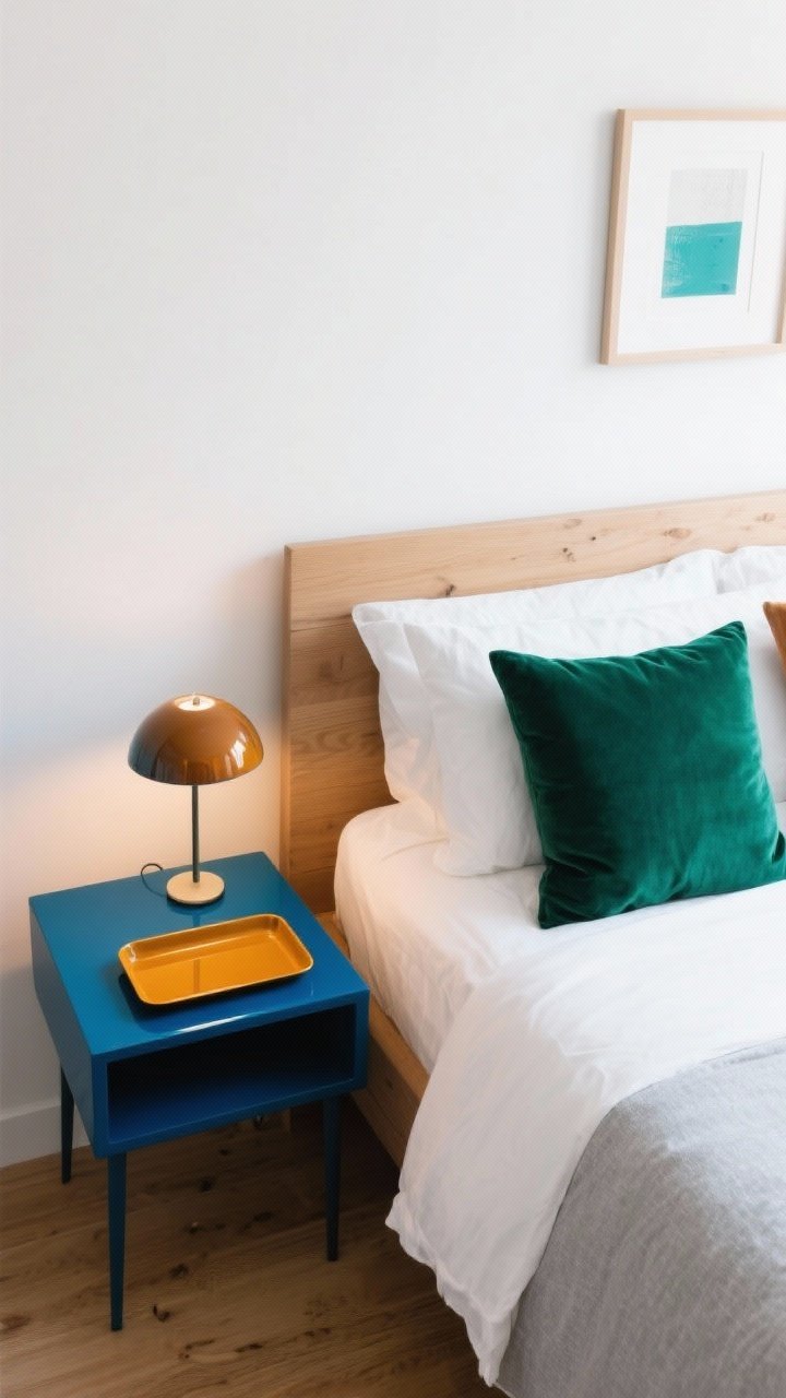Overhead styled shot: Minimal color-pop bedside scene on a simple pine bed backdrop with crisp white and soft gray linens; three coordinated accents in one bold hue (choose emerald/cobalt/saffron): a lacquered tray on the nightstand, a single velvet pillow on the bed edge, and a small table lamp with a tinted shade casting a soft glow; minimal print on the wall with a tiny echo of the accent color; clean, restrained, photorealistic.