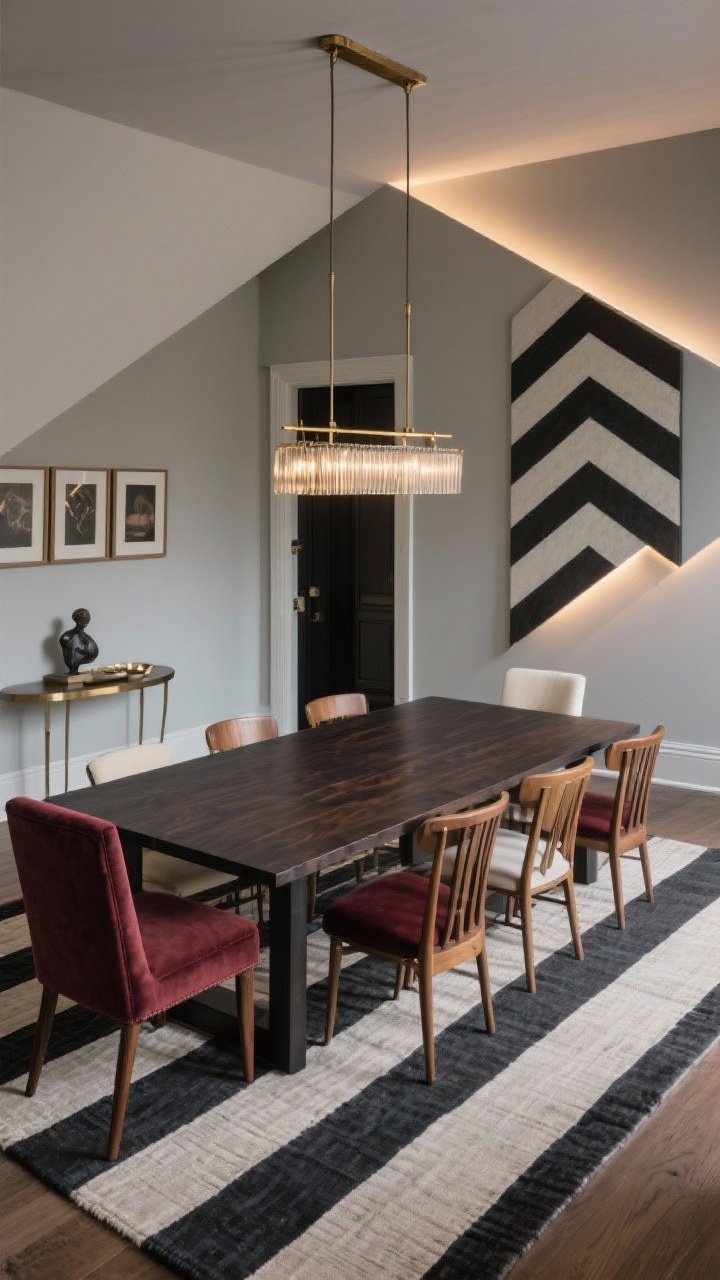 Overhead three-quarter view, photorealistic: Zigzag Dining Gallery. A dark wood rectangular dining table centered with a linear chandelier hung over the table rather than the room. A stripe flatweave rug aligns perfectly to the table, creating a crisp visual axis amid off-center walls and an angled doorway. A gallery wall steps up in a zigzag pattern to balance the skewed doorway. Seating is mix-and-match: upholstered head chairs with slender wood side chairs. A narrow demilune console sits on the short wall for serving and sculpture. Palette: charcoal, oxblood, cream, antique brass; evening ambience with chandelier glow and subtle wall-washer lights.