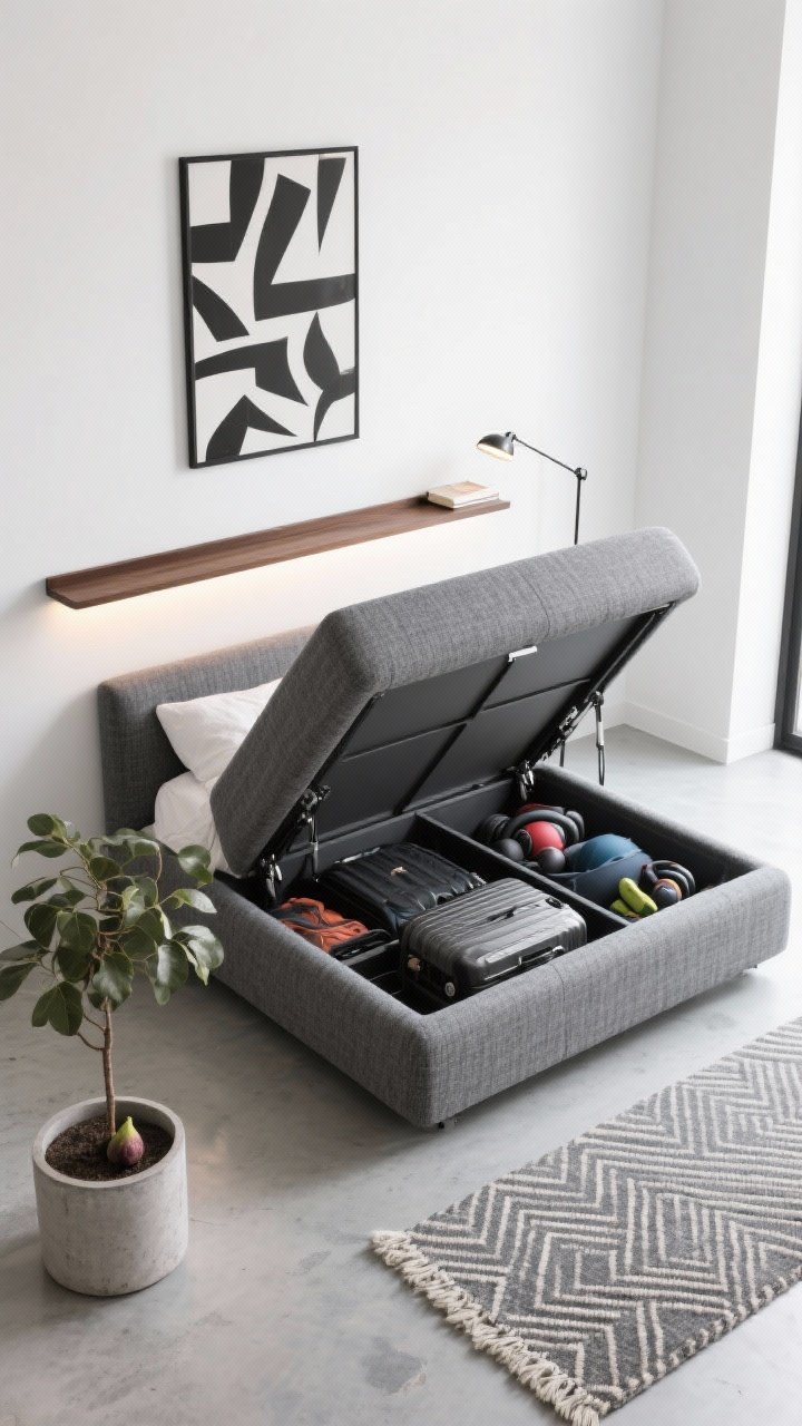 Overhead top-down shot, urban studio: clean-lined upholstered platform bed in graphite tweed partially lifted on a hydraulic mechanism, revealing a deep compartmentalized cavity with adjustable dividers and anti-slip liners storing luggage and gym gear; gallery white walls, polished concrete floor, bold abstract print nearby, narrow walnut shelf floating above the headboard, linear LED and a clip reading light; a fig tree in a cement planter and a geometric wool runner; crisp modern lighting; photorealistic