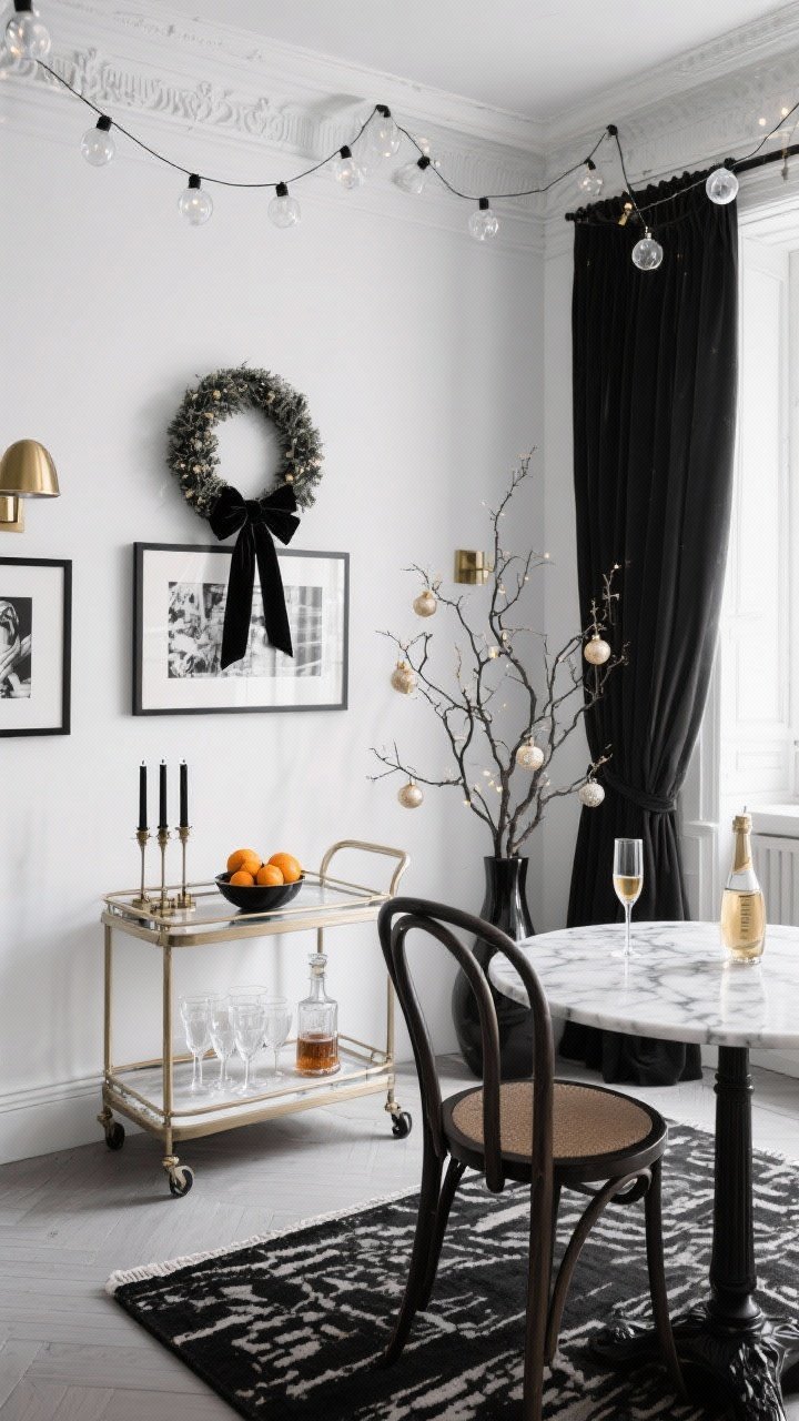 Parisian chic straight-on medium shot: monochrome black-and-white base with crisp drapes, black-and-white art, and a simple rug. Wall-mounted wreath tied with black velvet ribbon. Small bar cart styled with coupe glasses, a bowl of clementines, and a glass decanter. Slim pre-lit tree or sculptural branch in a vase with champagne-toned ornaments. Bistro table with bentwood chairs and a marble (or faux-marble) accent top. Brass picture lights, matte black candlesticks, and clear globe string lights draped along ceiling molding. Elegant, editorial, photorealistic, no people.