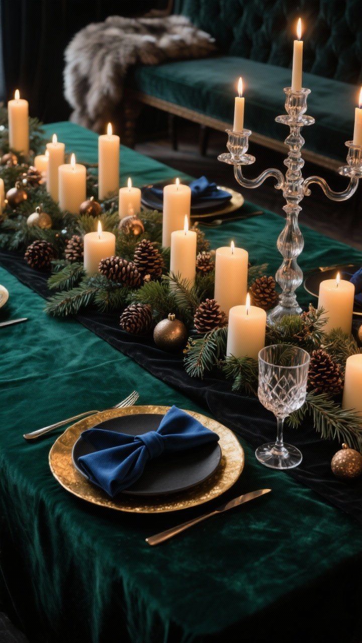 Photorealistic closeup detail from a dramatic winter table: deep emerald velvet tablecloth with a matte black runner, dense row of pillar candles in varying heights glowing warmly, interwoven with spruce clippings, pinecones, and small bronze ornaments; at the edge, a smoky glass candelabra rises for added height; place setting corner visible: black stoneware on gold-rim charger, midnight blue napkin tied with velvet ribbon, cut-crystal wine glass sparkling in candlelight; a hint of faux-fur throw on a bench in background; sumptuous, intimate, cinematic feel, no people