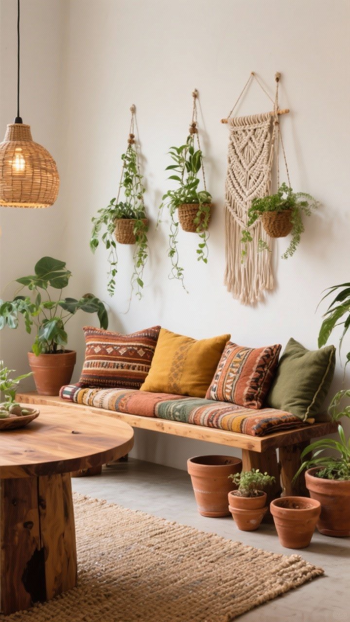 Photorealistic closeup/detail of boho layers and plants: warm wood freestanding bench stacked with mix-and-match kilim patterned cushions in clay, mustard, olive; edge of a round mango wood table visible; flat woven rug texture beneath; macramé wall hanging in the background; trio of hanging planters at varied heights with trailing greenery; rattan pendant glow; cluster of terracotta pots on the floor; relaxed, eclectic atmosphere with rich textiles and natural textures