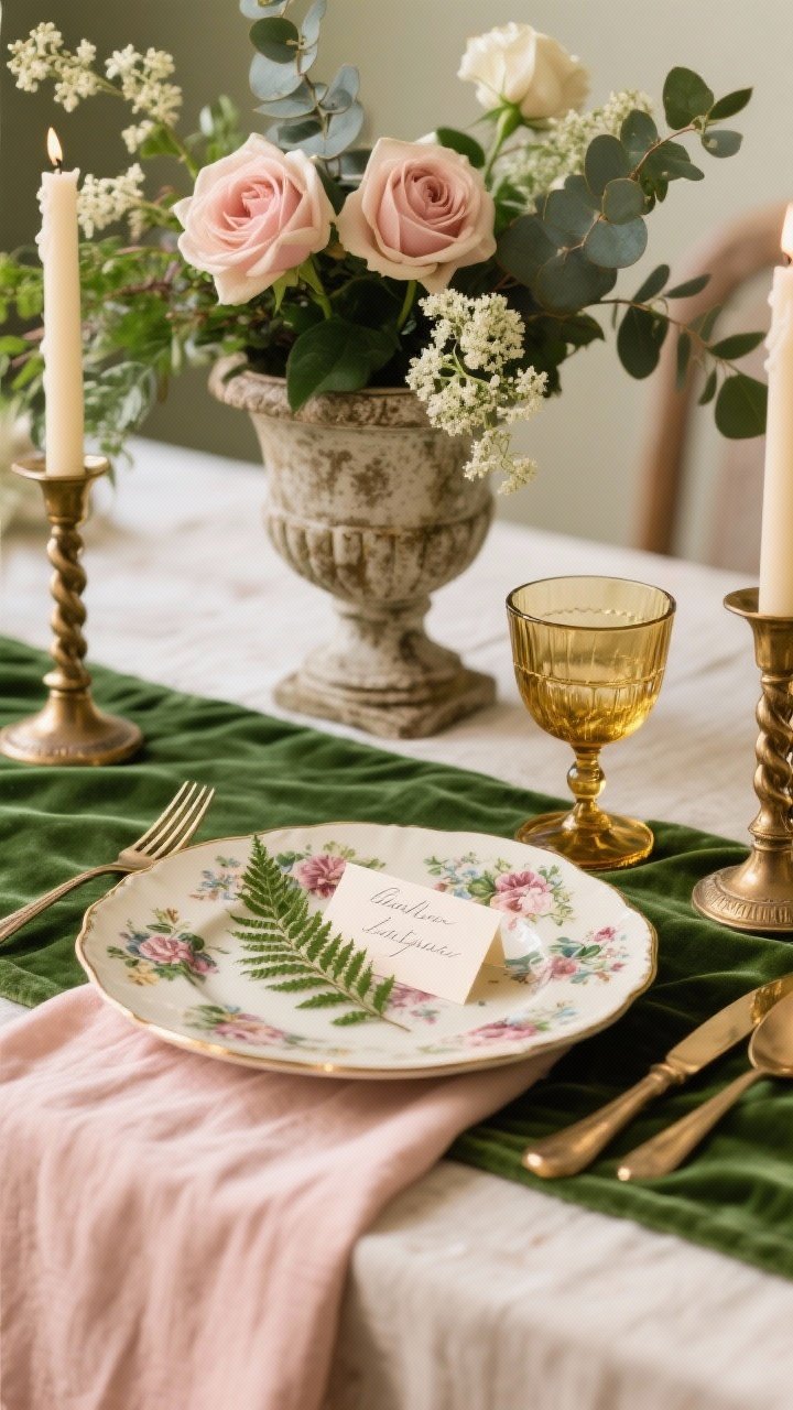 Photorealistic closeup detail of Old-World Garden Romance: moss-green velvet runner over pale blush linen, edge of an antique-style floral plate (mix-and-match pattern), brushed brass flatware, and a gold-rimmed coupe glass catching warm light. In the softly blurred background, a weathered urn overflowing with garden roses, eucalyptus, and queen anne’s lace, flanked by twisted taper candles in vintage brass holders. A handwritten place card rests on the plate with a fern frond tucked beneath. Color story of moss, blush, antique gold, cream; romantic, layered textures.