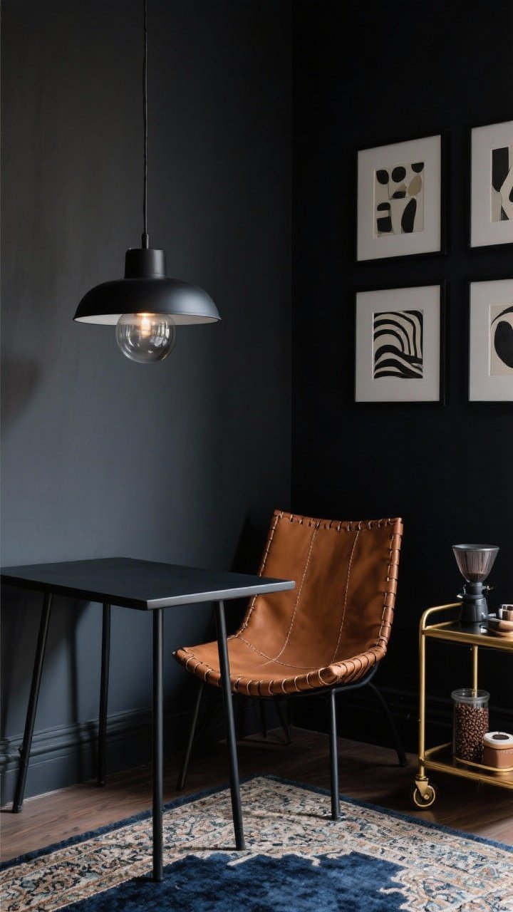 Photorealistic closeup/detail shot in a moody espresso nook: deep charcoal wall backdrop with a matte-black picture light illuminating a small gallery of abstract prints. Foreground shows the corner of a compact rectangular black table with thin blackened metal legs, paired with a cognac leather sling chair showcasing rich texture and stitching. A smoked-glass globe pendant hangs low, softly glowing; edge of a tonal Persian-style rug in inky blue visible on the floor. A tiny espresso cart with brass casters sits nearby, stocked with beans and accessories. Mood: sophisticated, cozy, a little edgy; palette of charcoal, cognac, inky blue.