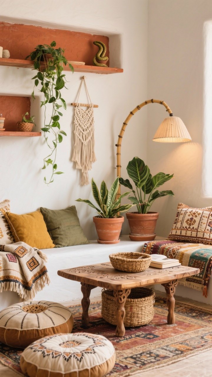 Photorealistic closeup detail shot of an earthy boho vignette: warm white wall with a terracotta accent behind open shelves, carved wood coffee table surface styled with woven baskets, macramé hanger with trailing pothos, terracotta planters with snake plant and ZZ, layered vintage rug peeking beneath, bamboo arc lamp creating soft glow, cluster of floor cushions in a reading corner, textiles like kantha quilts, block-printed pillows, fringed throws, colors of terracotta, olive, mustard, cream, cozy layered ambiance