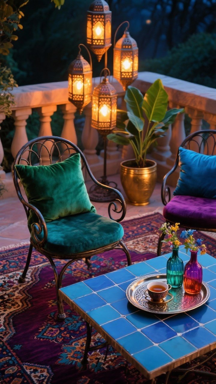 Photorealistic closeup detail, table-level perspective: jewel-tone boho tea terrace vignette. Compact cobalt tiled bistro table with etched metal tray for tea, colored glass bud vases. Two curved wrought iron chair backs in frame with velvet-touch outdoor pillows in emerald, sapphire, and plum. Persian-style rug beneath in deep jewel tones. Cluster of Moroccan lanterns with warm LEDs glowing softly, brass-toned planter with a small rubber plant nearby. Rich, moody evening atmosphere.