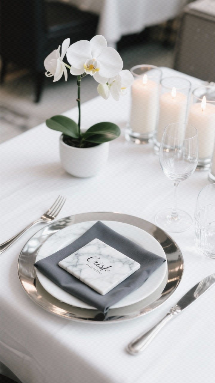 Photorealistic closeup straight-on vignette of Crisp Hotel-Lobby Chic: bright white, perfectly pressed tablecloth; square white plate on a mirror-finish silver charger; sleek crystal stemware reflecting crisp light. A charcoal gray napkin folded as an envelope holds a thin marble place card (marble-look tile with hand lettering). In the background, a single white orchid in a minimalist pot and a row of cylindrical vases with floating candles. Chrome flatware flanks the plate; palette of white, charcoal, chrome, and clear glass; polished, timeless ambiance.