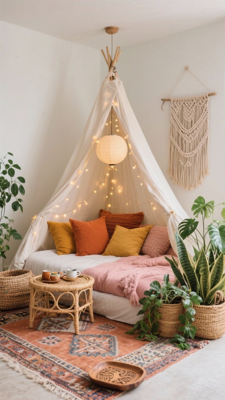 Photorealistic corner medium shot of a boho canopy cocoon: gauzy cotton canopy draped from a ceiling hook forming a cozy tent over a floor mattress layered with oversized cushions; mix-and-match pillows in terracotta, mustard, and blush; Kilim/Moroccan patterned rug below; rattan side table holding tea and trinkets; soft twinkle from fairy lights tucked inside the canopy and a paper lantern pendant overhead; macramé wall hanging nearby; low plant jungle with pilea, pothos, and snake plant clustered at floor level; woven baskets and a carved wood tray; palette terracotta, mustard, blush, natural rattan.