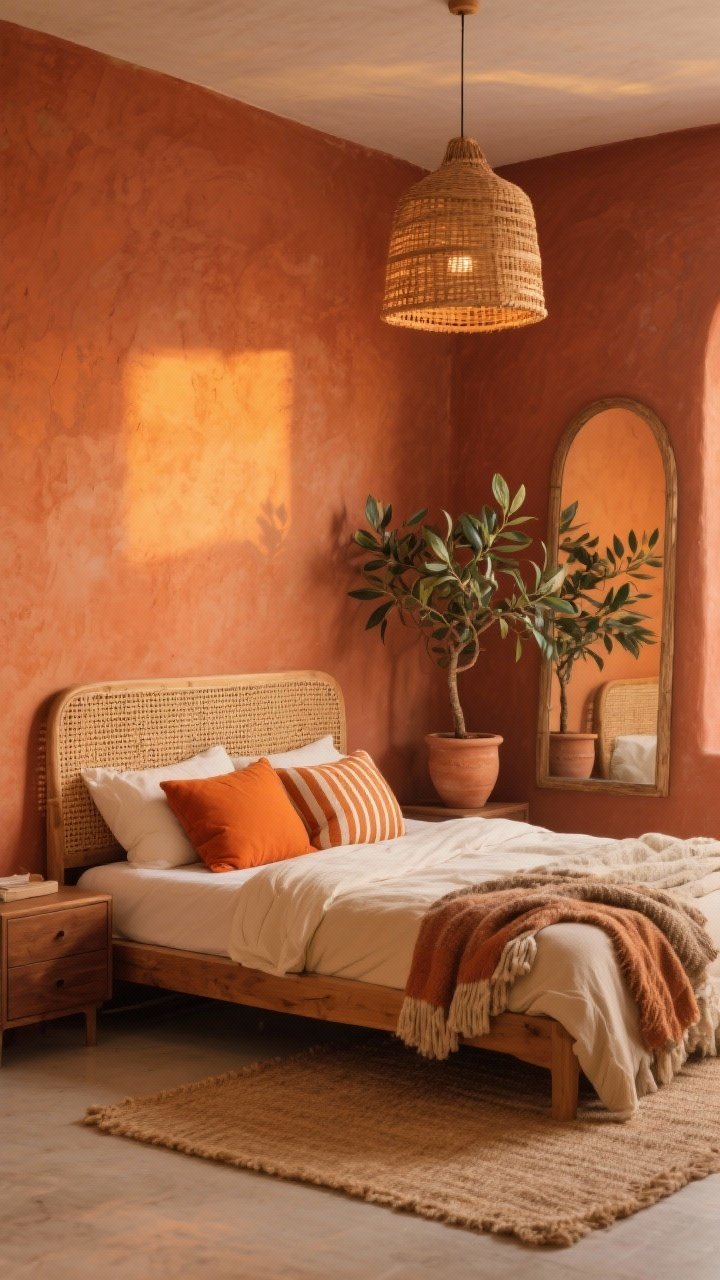 Photorealistic corner medium shot, Warm Terracotta Retreat: feature wall painted terracotta; creamy bedding on a wood bed with a woven cane headboard; natural jute rug, walnut nightstands; burnt orange pillows, striped lumbar, layered textured throws; rattan pendant overhead and a large arched mirror leaning in the corner reflecting warm light; olive tree or rubber plant in a clay pot; evening golden-hour warmth.