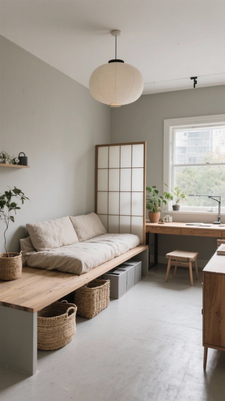 Photorealistic corner view of a Japandi studio: greige walls, platform daybed with a natural linen slipcover (sofa by day/guest bed by night), shoji-style room divider creating a zoned desk nook, low oak bench under the window holding plants and extra seating, paper rice pendant softening the ceiling line, modular low leggy furniture for airflow, under-bed bins, lidded seagrass baskets, clean-lined credenza, palette of sand, putty, charcoal, natural wood, calm and intentional mood with soft natural light