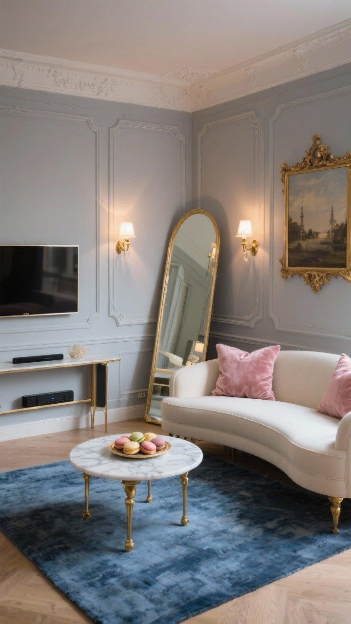 Photorealistic corner wide shot, Parisian chic salon: soft dove gray walls with peel-and-stick wall moulding creating classic panels, curved cream sofa, petite marble-topped coffee table with gold legs, TV mounted within a thin gilded frame to mimic art, antique-style sconces on dimmers flanking the screen, French blue rug underfoot, blush velvet throw pillows, large leaning floor mirror reflecting light, narrow console tucked behind the sofa hiding a soundbar with a tray of macarons; elegant, warm evening illumination.