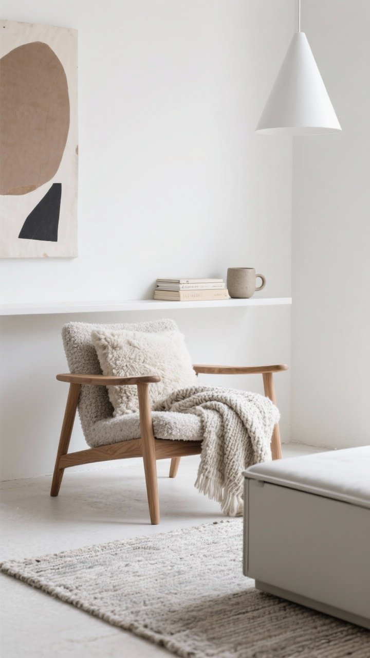 Photorealistic detail closeup focused on Scandinavian minimal textures: warm white wall backdrop, oak-framed lounge chair with a bouclé cushion and a sheepskin casually draped over the back, chunky knit throw folded on the seat; slender floating shelf holding a few neutral-spine books and a stoneware mug; edge of a closed storage ottoman in pale gray visible; flatweave rug texture underfoot; soft, diffused light from a matte white cone-shaped pendant just out of frame; include a hint of an oversized abstract print in taupe and charcoal; palette warm white, soft gray, pale oak; materials bouclé, wool, oak, ceramic.