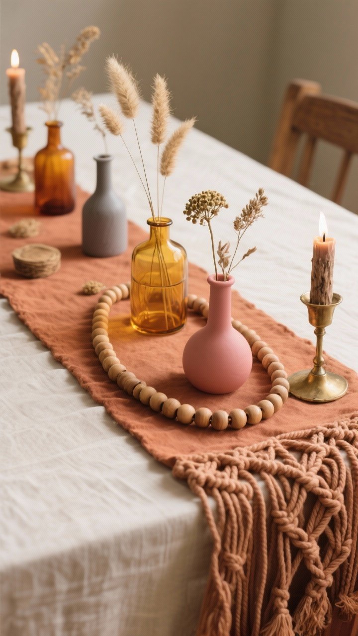 Photorealistic detail closeup from a low corner angle: a narrow macramé runner centered on the table with a warm, earthy palette of terracotta, mustard, clay pink, and neutrals. A scattered family of tiny bud vases in amber, smoke, and colored matte glass each holds a single stem—pampas grass, dried bunny tails, and billy buttons. A strand of wooden beads drapes across like a necklace, weaving between vases. Two rustic taper candles in brass holders glow softly in the background. Focus on layered textures: macramé knots, matte glass, dried botanicals, warm wood.