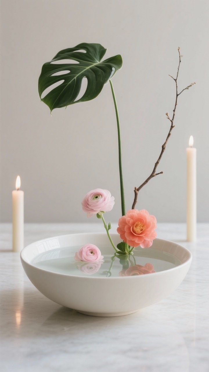Photorealistic detail closeup of a minimalist ikebana moment: a shallow ceramic bowl in matte white filled with water, floating a few single blooms such as blush ranunculus and a coral camellia. Two long architectural stems—one sculptural monstera leaf and a slender branch—create asymmetry and negative space. On either side in the background, one slim taper candle each adds a soft sculptural light without clutter. Palette of restrained neutrals with one bold floral color, low profile, clean lines, shot straight-on with serene, gallery-like lighting and gentle reflections on the water.