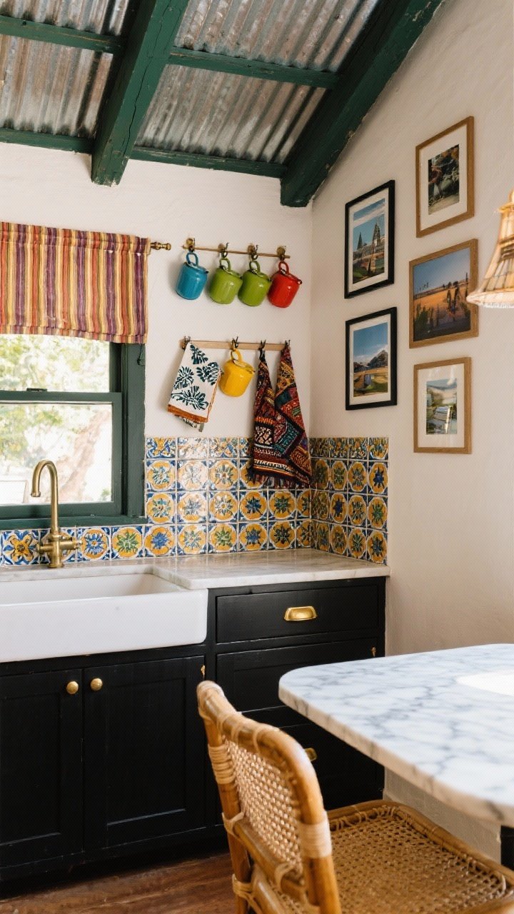 Photorealistic detail/closeup vignette, “Global-Boho Bistro”: hand-painted Talavera tile backsplash in rich colors, striped cafe curtains beneath a farmhouse sink, black-painted lower cabinets with brass bin pulls, marble-topped bistro table with cane-back chairs nearby, a tight gallery wall featuring travel photos and framed textiles; include tin-look ceiling panels edge or painted beams in frame, enamelware in primary brights hanging on hooks, block-printed napkins and batik tea towels draped; soft natural side light, intimate close perspective.