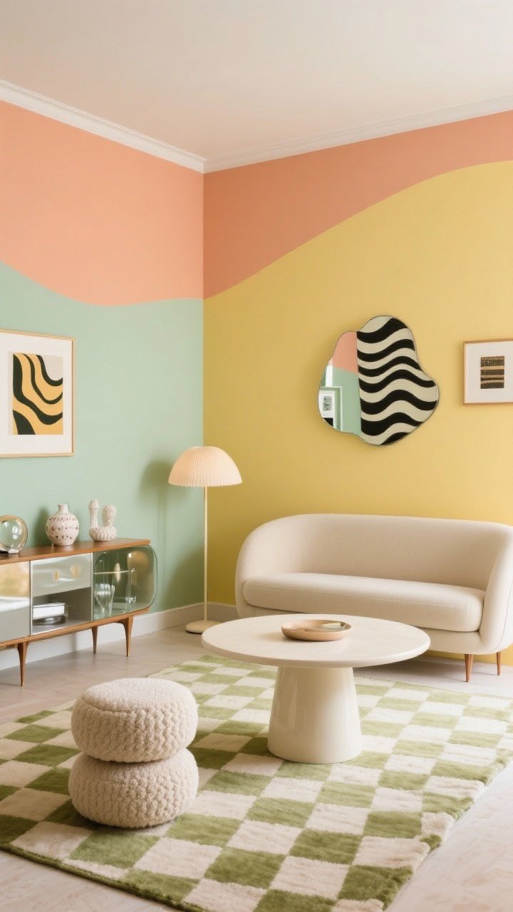 Photorealistic detail-focused medium shot with retro pop color-blocking: half-wall painted apricot or pistachio behind a curvy loveseat, round pedestal coffee table with smooth lines, cream-and-sage checkered rug underfoot, mushroom floor lamp, stack of poufs for flexible seating, storage pieces on mid-century legs, glossy lacquer and glass accents with boucle and glossy ceramics, graphic prints and wavy mirror on the wall, palette of apricot, pistachio, butter yellow, cream, cheerful evenly lit scene