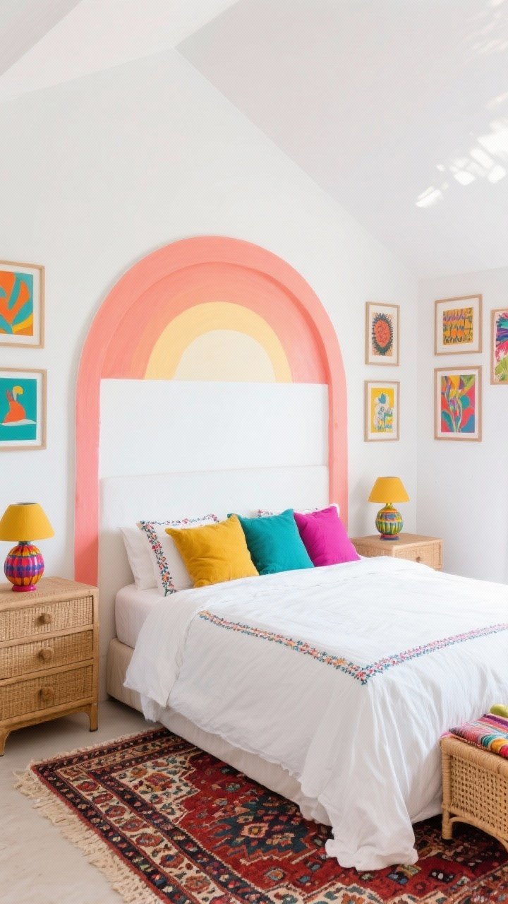 Photorealistic detail/medium hybrid shot, Playful Color-Pop Boho: white walls with a painted headboard shape—arched sunrise in peach and coral—behind a simple bed dressed in crisp white bedding with embroidered edges; colorful pillows in mustard, teal, fuchsia; patterned Turkish rug at the foot; cane dresser with bright ceramic lamps; gallery wall of bold prints; daylight, lively vibe, angled perspective showing the wall arch.