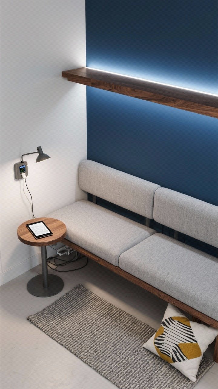 Photorealistic detail overhead shot of a tech-savvy micro nook for tiny spaces: wall-mounted floating bench (14–16 inches deep) with a dove gray performance-fabric seat cushion and slim back bolster; ink blue wall behind; shallow walnut shelf above with integrated LED strip lighting emitting an even glow; compact rotating side table partially tucked under the bench holding an e-reader; clip-on reading light attached to the shelf; cord-managed charging hub with concealed cable channel; flatweave runner below and one standout graphic pillow for contrast; palette ink blue, dove gray, walnut, white; materials performance fabric, LED, walnut veneer, powder-coated metal.