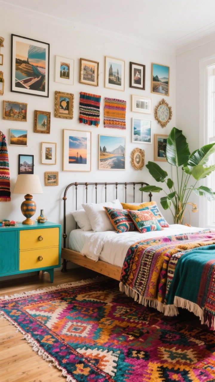 Photorealistic detail-rich wide shot, Artful Maximalist Boho: strong bold-pattern saturated rug anchoring the room; mixed prints on pillows and throws; simple wood or iron bed with mostly solid bedding to calm the prints; gallery wall filled with travel photos, textiles, vintage frames; painted dresser in teal or mustard; sculptural lamps, big leafy plant; color recipe of jewel tones with warm neutrals; balanced styling, bright natural light, angled to show the gallery wall.