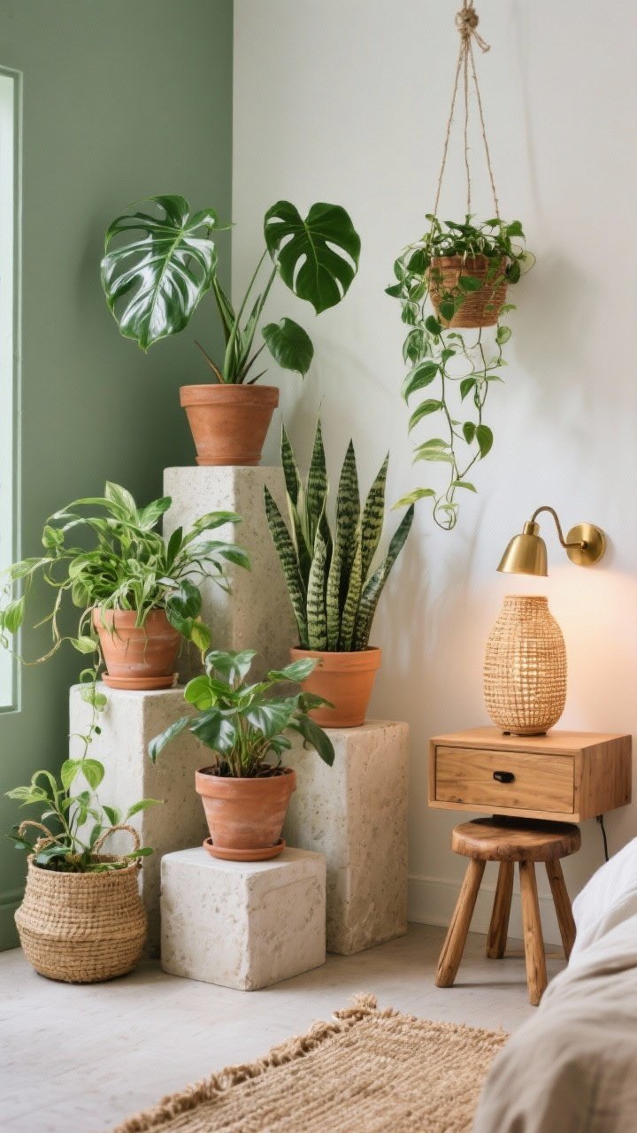 Photorealistic detail shot, Earthy Plant Sanctuary: closeup of thriving plants clustered—monstera, pothos, snake plant, trailing philodendron—on staggered pedestals and hanging planters; terracotta pots, jute area rug edge visible, wood stool used as a nightstand with warm brass sconce glow and a woven table lamp nearby; soft natural daylight on sage green wall (or white wall), textures of jute, clay, cane, and linen; shallow depth of field.