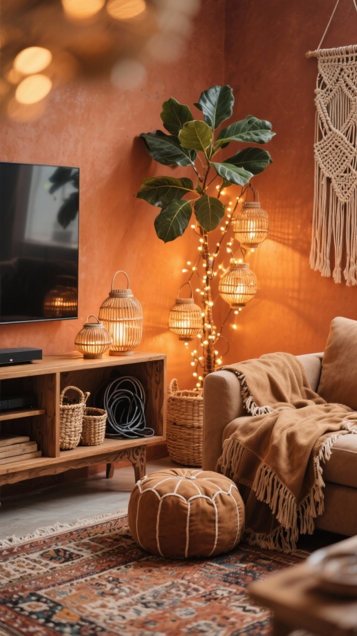 Photorealistic detailed closeup, boho textiles and plant glow: camel microfiber sofa arm with fringed throw draped over, Moroccan rug texture beneath, floor poufs nearby, carved wood media cabinet edge in frame, cluster of rattan lanterns and warm string lights wrapping a tall plant (fiddle leaf/olive) casting dappled light, woven baskets for cable storage, macrame panel partially visible behind the TV softening the wall; warm terracotta wall color bokeh in background, cozy ambient lighting.
