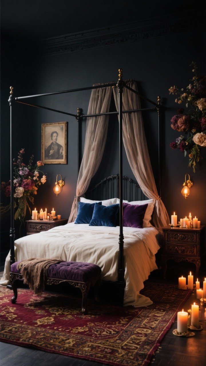 Photorealistic dramatic wide shot, Moody Boho Romance: deep inky charcoal walls; black metal canopy bed draped with gauzy curtains; cream bedding with velvet pillows in midnight blue and plum; carved dark wood nightstands, brass sconces, patterned rug with burgundy and gold undertones; clusters of candles and dimmable amber bulbs creating a moody glow; vintage portraits or moody florals on the wall; low-light ambiance, straight-on.
