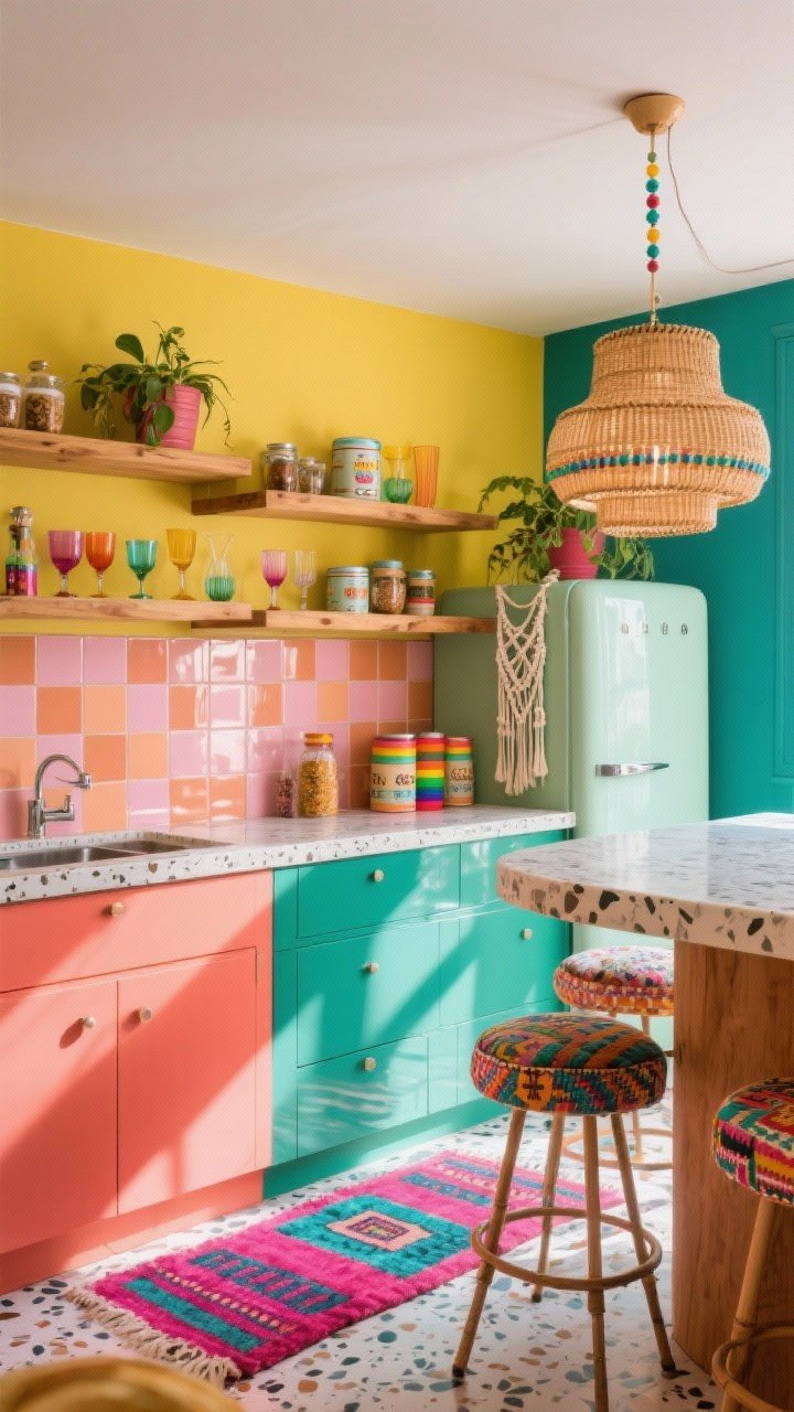 Photorealistic energetic wide/medium shot, “Color-Drenched Retro Boho”: lower cabinets in juicy coral or emerald, upper open natural wood shelves, checkerboard terrazzo countertop or high-gloss laminate, glossy square tile backsplash in gradient apricot-to-pink or contrasted sunny yellow, beaded chandelier or rattan drum pendant, curvy barstools with patterned cushions, retro-style fridge in mint or buttercream, vintage spice tins, rainbow glassware, macramé plant hanger, bold kilim rug with hot pinks and turquoise; vibrant daylight with playful shadows, corner angle emphasizing color layers.
