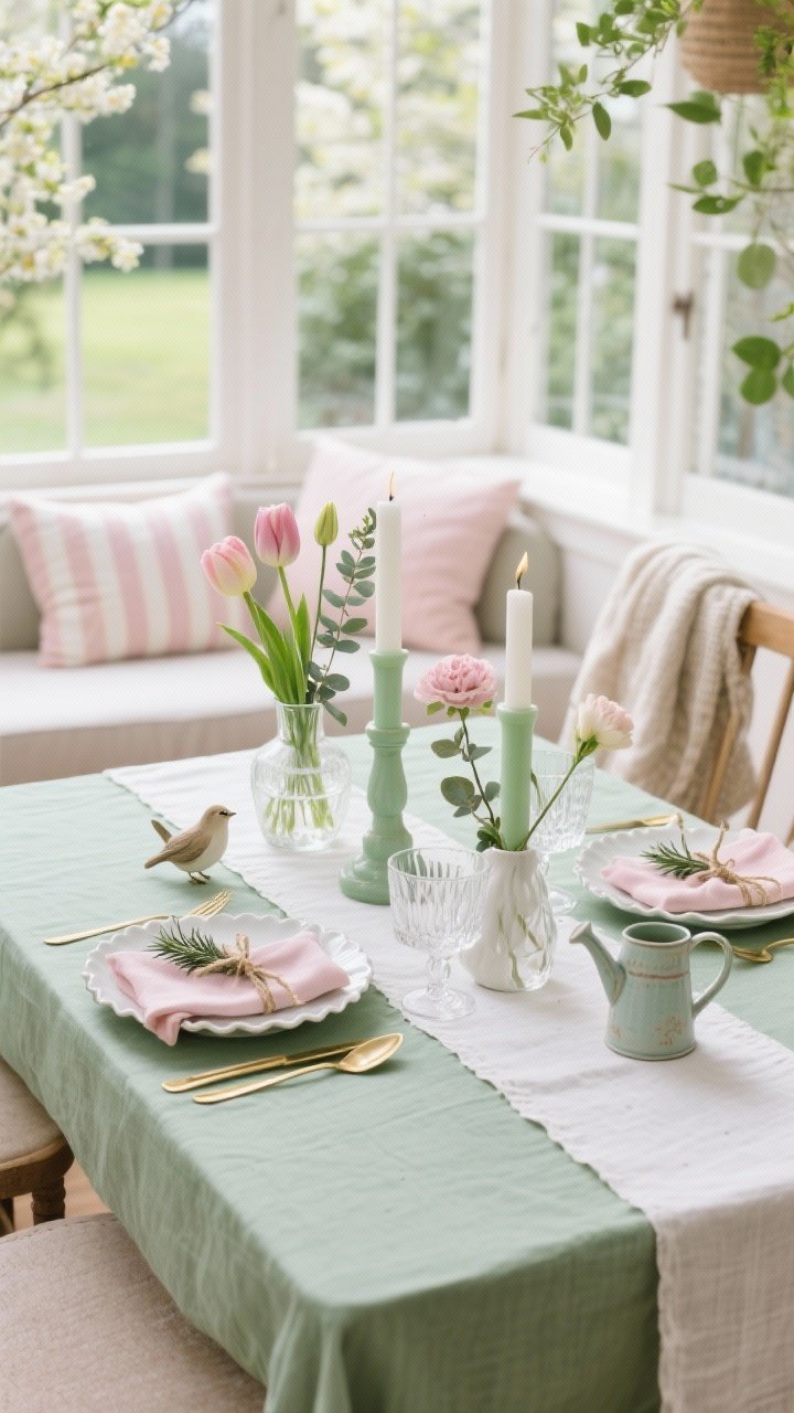 Photorealistic medium closeup of a spring conservatory-style dining table by a bright window, sage linen tablecloth with a narrower ivory runner centered, mismatched bud vases holding tulips, ranunculus, and eucalyptus at varied heights, two glass hurricane candles with pale green pillars, white scalloped plates, blush linen napkins tied with twine and a sprig of rosemary, clear rippled glassware, brushed gold flatware; striped pastel cushions on chairs and soft throws draped over chair backs; small ceramic bird figurines and a petite watering can used as a playful vase; airy, botanical, breezy mood with soft natural daylight and gentle reflections, no people