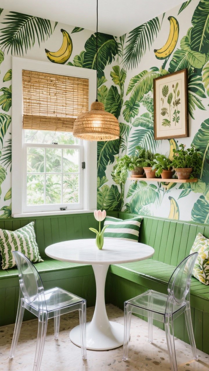 Photorealistic medium corner shot of a bold botanical garden nook wrapped in large-scale botanical wallpaper (palm fronds/banana leaves) with a coordinating moss-green painted bench. A round white tulip table centered, paired with clear acrylic chairs to let patterns shine. Bamboo shade at the window, rattan pendant above casting warm light. Potted herbs on a wall rack, botanical seat cushions or striped napkins on the bench, and a framed vintage botanical print on a narrow wall. Bright, lush, maximal and cheerful.
