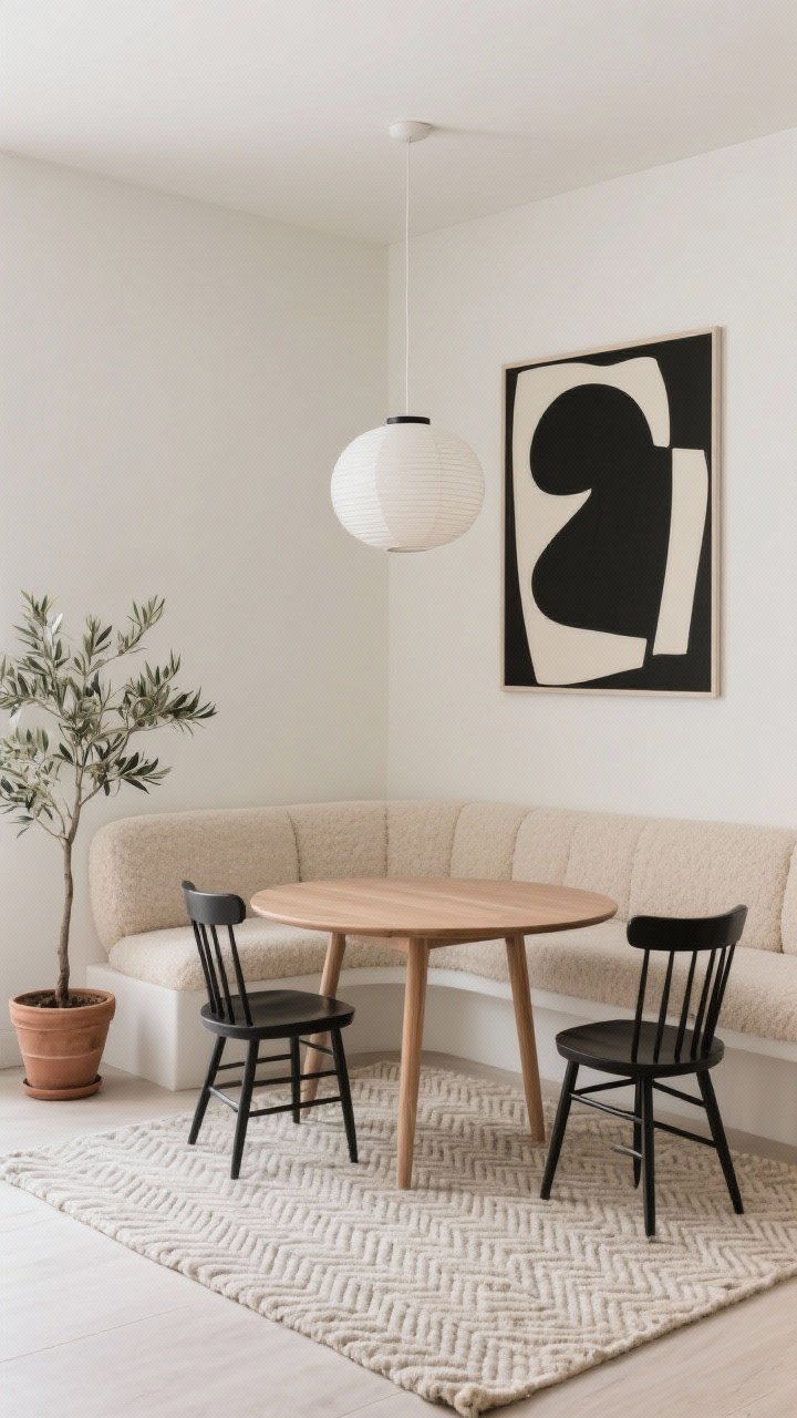 Photorealistic medium corner shot of a sleek Scandinavian nook featuring a curved banquette upholstered in oatmeal bouclé, a slim oval oak table with tapered legs, and two black spindle chairs for contrast. Warm white/pale greige walls, one oversized abstract black-and-cream print above. A matte paper globe pendant casts soft, even light. Wool flatweave rug with subtle herringbone texture, a single olive tree in a clay pot. Minimal, calm, uncluttered composition with gentle curves.