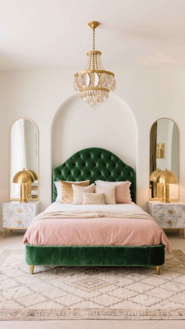 Photorealistic medium shot, Boho Glam Luxe: tufted velvet bed in emerald (or blush) with a neutral Moroccan-style rug; arched mirrors, marble-topped nightstands, brass dome lamps; tight palette—lots of ivory, two bold accents, hits of gold; capiz shell chandelier or beaded pendant as the statement overhead; textiles of velvet, silk-blend pillows, linen duvet; soft, warm glam lighting, straight-on.