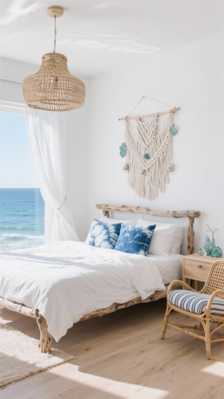 Photorealistic medium shot, Coastal Boho Breeze: crisp white walls, light oak floors, driftwood-style bed frame dressed in a white linen duvet with indigo shibori pillows; gauzy curtains moving with natural light, macramé wall hanging, sea glass accents on a light wood nightstand, rattan accent chair with a striped cushion; woven chandelier overhead; palette of airy whites, pale denim blues, sandy neutrals; bright oceanic daylight, corner angle.