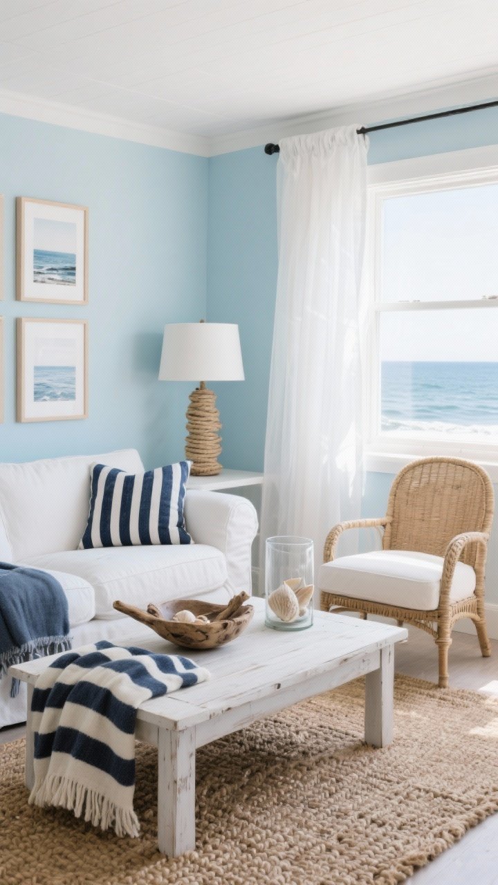 Photorealistic medium shot coastal micro-retreat: pale sky-blue walls (or crisp white) layered with navy-striped textiles, slim slipcovered sofa, rattan accent chair, whitewashed wood coffee table, chunky jute rug, rope-wrapped lamps, framed ocean photography for subtle theme, palette of white, navy, sky blue, sandy beige, decor details like a driftwood bowl, striped throw, and seashells in a glass cylinder, sheer white curtains hung higher than the window, bright fresh morning light