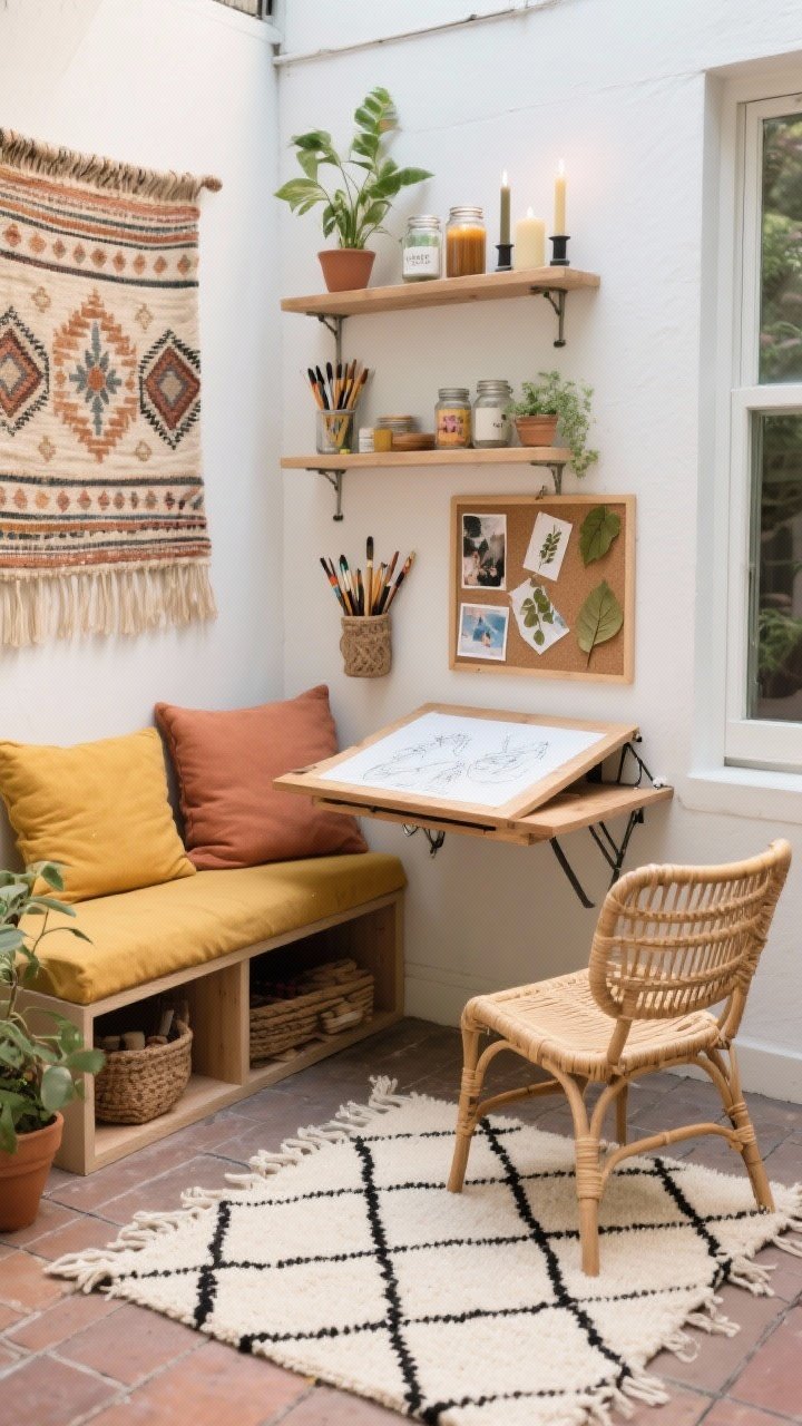 Photorealistic medium shot, corner angle: boho craft corner with built-ins feel on a small patio. One wall lined with a narrow storage bench topped with cushions in mustard and clay. Above: floating shelves styled with plants, candles, and jars of paintbrushes. Fold-down wall table open as a sketch space. On the floor, a cream flatweave rug with black diamonds. Lightweight rattan chair that can stack or hang when not in use. Personality touches: small patterned tapestry and a corkboard with postcards/pressed leaves. Soft, practical lighting, tidy vertical storage.