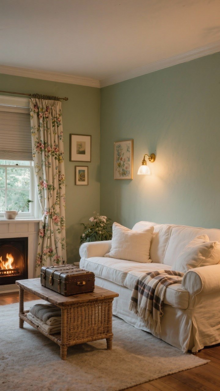 Photorealistic medium shot, cottagecore cinema: dusty sage walls, cream slipcovered loveseat with plush cushions, vintage trunk coffee table storing blankets, rattan media stand, floral pinch-pleat curtains layered over blackout roller shades, brass picture lights illuminating a small art wall, soft plaid throw draped over the loveseat, faux fireplace media console with realistic flame effect; warm, inviting evening glow.