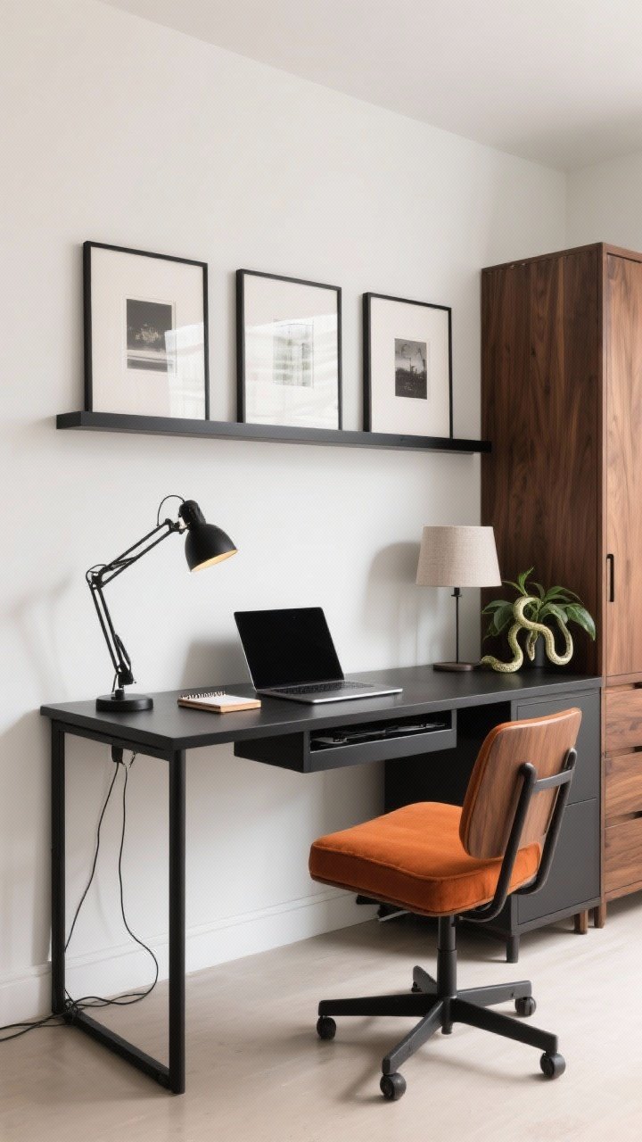 Photorealistic medium shot from a corner angle: “The Gallery-Calm Home Office.” Warm white walls, matte black accents, walnut desktop on black metal legs with built-in cable tray concealing wires. On the wall, a slim floating shelf holding three identical framed prints in a neat line. Black task lamp with dimmer on the desk; a small linen-shaded lamp on a side cabinet. Closed two-door walnut credenza. Desktop holds only a laptop, lamp, coaster, notepad, and one snake plant. A single burnt-orange cushion on the desk chair for color pop. Clean, intentional, gallery-like quiet lighting.
