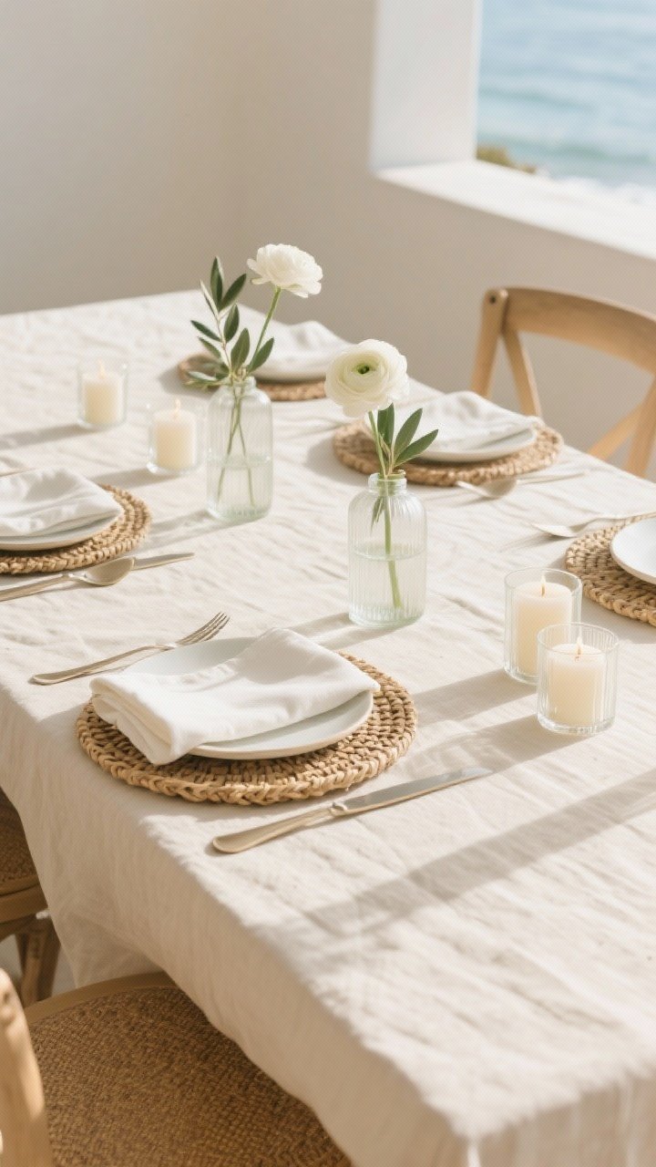 Photorealistic medium shot from a slight corner angle of a dining table styled in Coastal Champagne Minimalism: sand-toned linen tablecloth, ivory cotton napkins folded simply at each setting, clean white plates with a slim stoneware rim set on natural woven rattan chargers, matte champagne flatware catching soft daylight. Down the center, low frosted glass bud vases with single white ranunculus and sprigs of olive, and clusters of short glass votive candles in threes. Color story of champagne, ivory, sand, and soft sage; airy, sunlit coastal mood, no people.