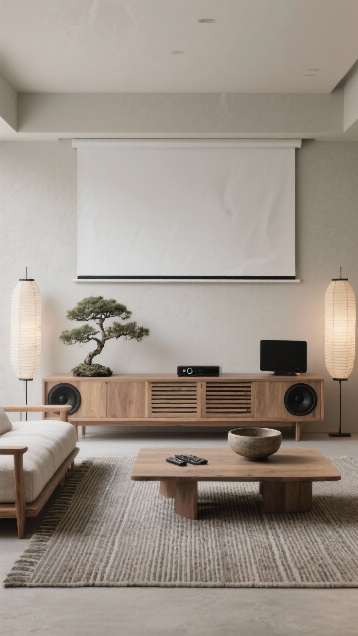 Photorealistic medium shot, Japandi serenity with hidden tech: pale greige walls, linen-cushioned platform sofa with wood arms, floating oak credenza with slatted doors concealing speakers, short-throw projector with a roll-down screen partially lowered, flat-weave striped rug elongating the room, pair of rice paper sconces giving soft even glow, bonsai on a low coffee table and a low ceramic bowl for remotes; restrained palette of sand, stone, and soft black, calm and balanced lighting.
