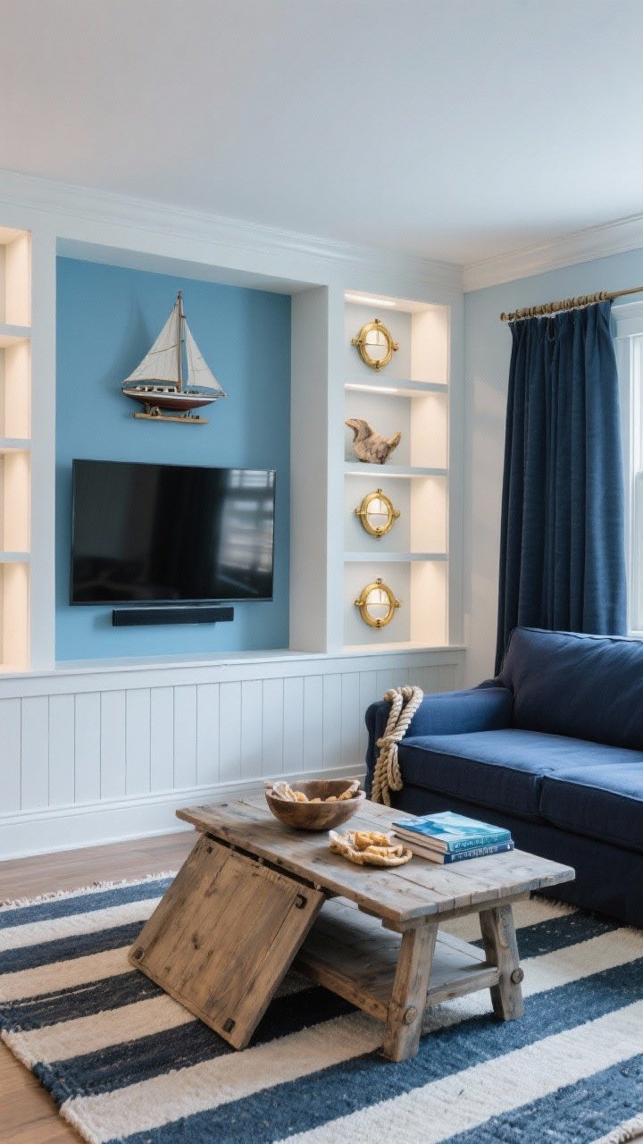 Photorealistic medium shot, nautical night-in built-ins: sea-salt blue walls, white shiplap media wall with shallow built-in shelves framing the TV, compact navy sleeper sofa facing the screen, striped flat-weave rug, weathered oak lift-top coffee table half-open with snacks, rope-detailed curtain tiebacks over blackout panels, brass porthole-style sconces adding coastal glow, minimal decor on shelves: model sailboat, driftwood bowl, sea-themed coffee table books; crisp, coastal lighting.