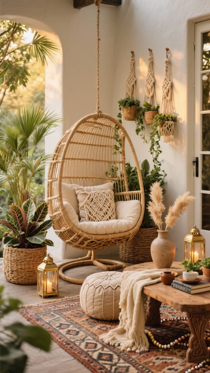 Photorealistic medium shot of a boho rattan oasis: a hanging egg chair (or rattan loveseat) with macramé cushions and a tufted outdoor pouf, surrounded by woven belly basket planters holding areca palms, calatheas, and trailing ivy. A macramé plant hanger trio near the door, a patterned kilim rug underfoot, and brass lanterns with LED candles create layered warmth. A low carved wood table hosts tea and plant books. Beaded garlands, dried pampas in a vase, and a soft cream throw complete the cozy look. Golden-hour lighting, soft textures, slight corner view.