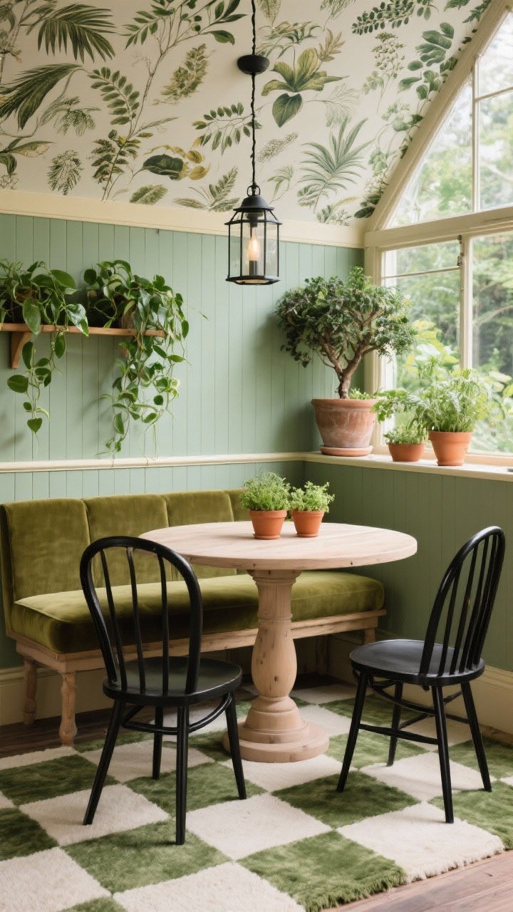 Photorealistic medium shot of a garden greenhouse-inspired nook: sage-painted wall or beadboard half-wall with creamy trim, a pale-wood round pedestal table centered. Seating includes a two-seater bench upholstered in olive velvet and two slim black spindle chairs. Overhead, a slim iron lantern pendant. Upper wall or ceiling features botanical wallpaper adding drama. Lush plants everywhere: trailing pothos on a wall shelf, a potted ficus by the nook, and a tabletop herb trio in terracotta pots. A cream-and-green checkerboard rug ties the scene. Mood: lush, fresh, slightly eclectic; palette of sage, olive, cream, black.