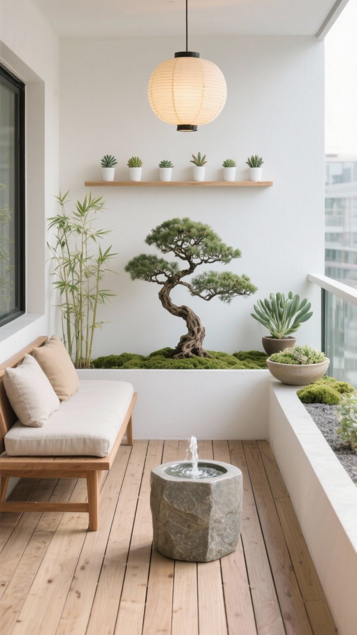 Photorealistic medium shot of a minimal Zen balcony garden: light wood slat decking tiles, a single sculptural bonsai as the focal point, with a curated set of plants—dwarf bamboo, jade plant, and shallow bowls of moss—arranged with generous negative space. A low teak bench with linen cushions in stone and sand hues sits beside a tabletop fountain providing a calm water ripple. A narrow white wall shelf displays uniform tiny succulents in white ceramic cups. One paper lantern overhead casts a warm glow. Straight-on, serene composition.