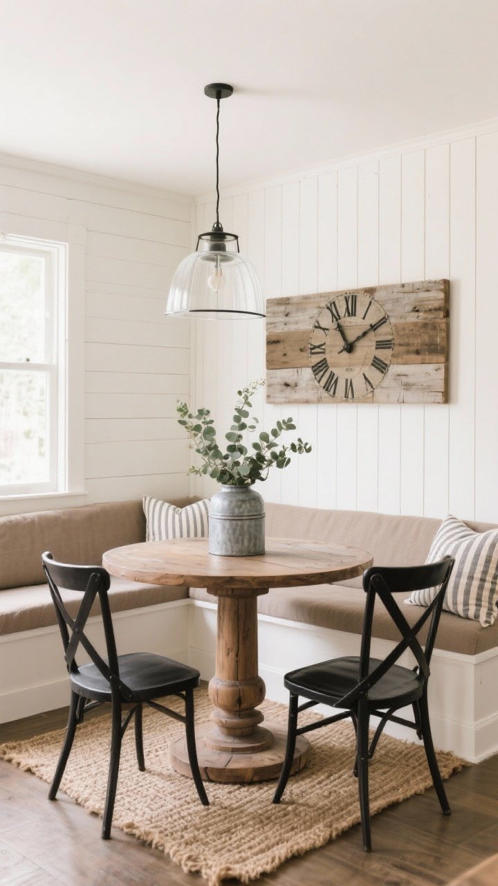 Photorealistic medium shot of a modern farmhouse nook: vertical shiplap walls painted warm white, an L-shaped bench with taupe seat cushions and striped ticking pillows. A weathered oak round pedestal table centered, two black metal cross-back chairs for contrast. Clear glass lantern pendant overhead keeping sightlines open. Natural jute runner beneath, a galvanized metal vase with eucalyptus on the table, and an oversized farmhouse clock/reclaimed wood art on the wall. Bright, cozy, lived-in feel.