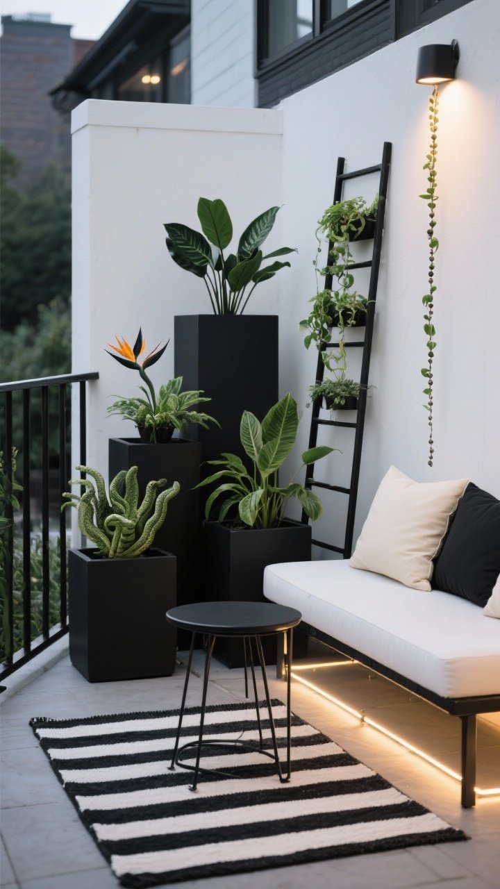 Photorealistic medium shot of a modern monochrome plant lounge on a tiny patio: matte black planters in staggered heights with architectural green silhouettes—snake plants, ZZ plants, and a bird of paradise—arranged beside a low-slung white bench with black-and-cream outdoor cushions. A black-and-white striped outdoor rug grounds the scene. A slim powder-coated black ladder shelf holds trailing string of pearls and pothos. Warm LED strip lights glow from underneath the bench, and a compact black metal bistro table sits near the railing. Clean lines, black-and-white palette, evening ambience, straight-on angle.