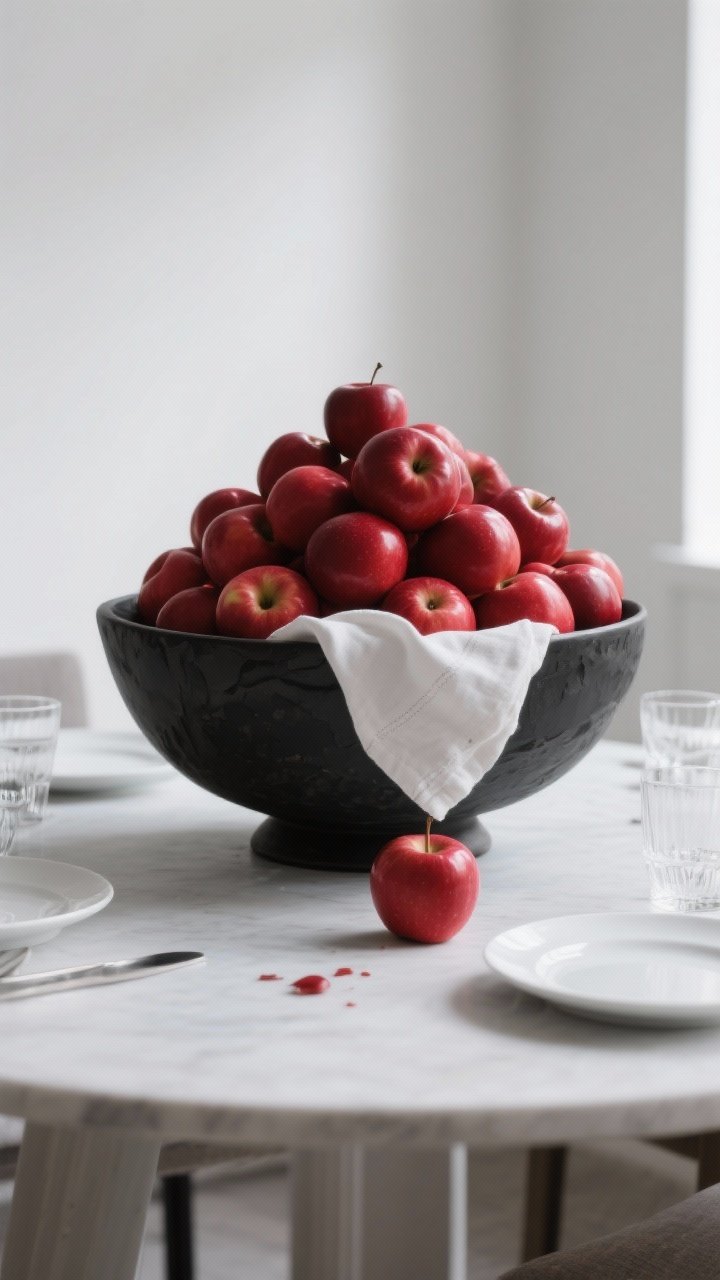 Photorealistic medium shot of a monochrome fruit centerpiece: a large sculptural black stoneware bowl heaped with deep red apples piled high into a generous mound, placed slightly off-center on the table. A linen napkin peeks under a few apples so some cascade over the rim; one or two apples rest on the tabletop for an artful “spill.” Surround with crisp white plates and clear stemware to amplify the single-color pop. Palette: deep red + neutral black/white/gray. Clean, minimal environment, soft diffused daylight, emphasis on rounded forms and matte-versus-gloss contrast.