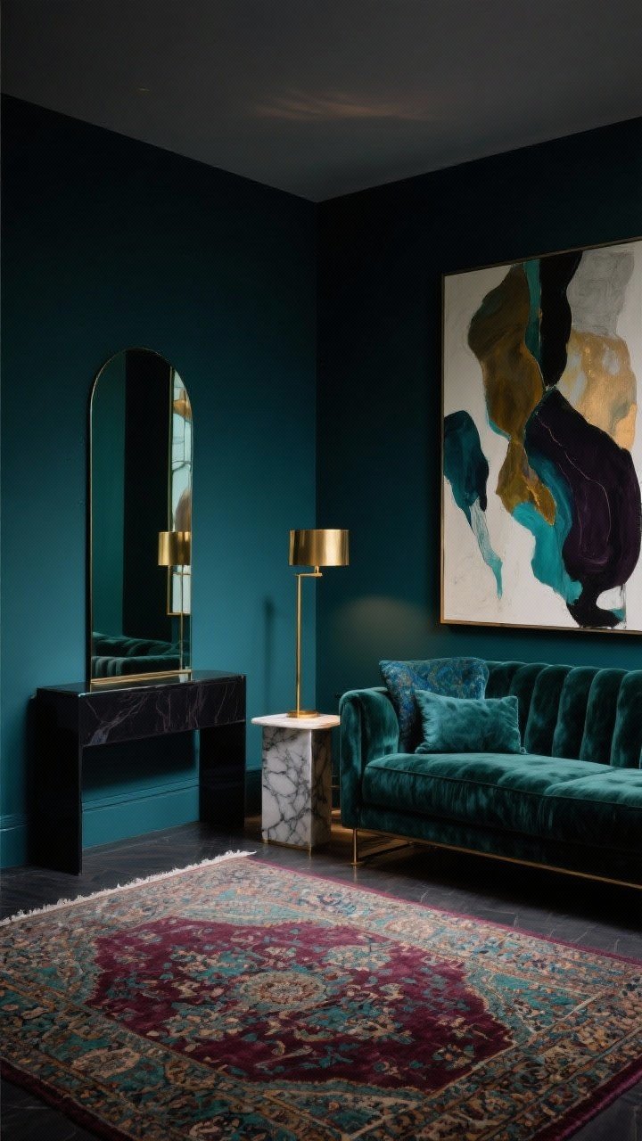 Photorealistic medium shot of a moody modern jewel-box living area: walls painted deep ink blue or forest green, velvet loveseat in peacock or raisin, narrow black console topped with a smoked mirror to bounce light, Persian-style rug in wine and teal anchoring the floor, slim brass floor lamp and a marble-topped side table adding gleam, oversized bold abstract art breaking up the saturated wall, textures of velvet, marble, wool, smoked glass, warm brass accents, intimate evening lighting
