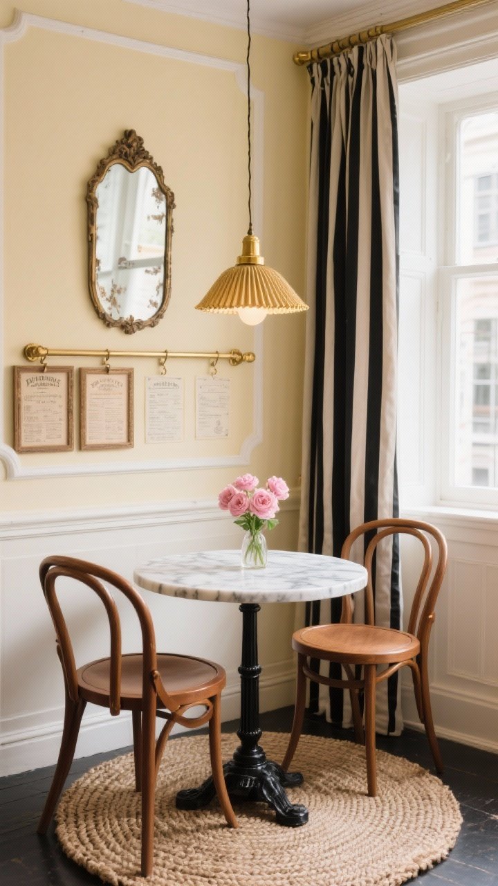 Photorealistic medium shot of a Parisian bistro-style breakfast nook in soft morning light: a small round marble bistro table on a slim pedestal base with two curved bentwood chairs in warm walnut, butter-colored walls with white trim, black-and-brass accents. A petite brass pleated pendant casts a golden café glow over the table. On the wall, a narrow antique mirror with foxed edges, plus a rail displaying framed vintage menu prints. Half-height stripey café curtain at the window, braided jute rug beneath, and a small vase of blush ranunculus on the table. Mood: romantic, light, collected; palette of cream, walnut, soft black, blush.