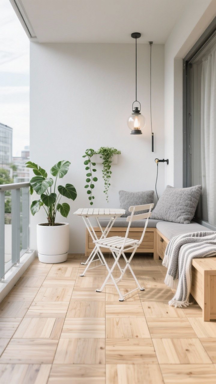 Photorealistic medium shot of a sleek Scandinavian balcony: blonde wood tones and soft grays dominate. Cylindrical white planters hold a rubber plant, pilea, and string of hearts for sculptural greenery. Interlocking acacia tiles cover the floor. A fold-down wall table pairs with two white sling chairs. A gray boucle outdoor cushion and a striped throw add texture, while a simple globe lantern hangs above. A slimline watering wand is tucked neatly near a hidden storage bench. Bright, airy natural light, straight-on view.
